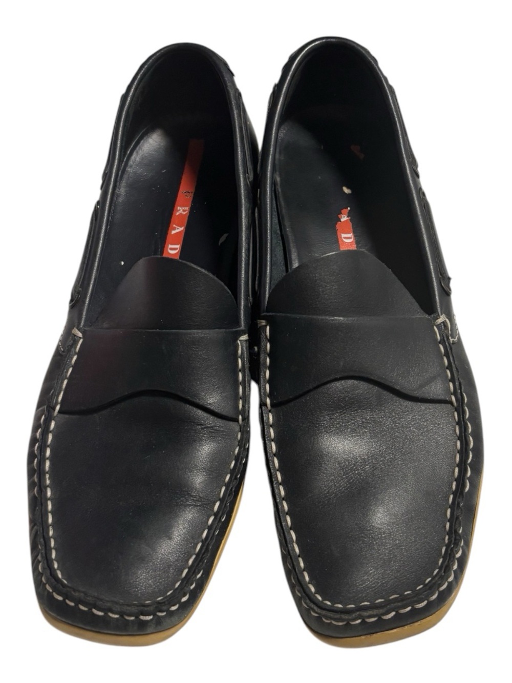 Vintage Prada Navy Blue Leather Moc Toe Penny Loafers with Contrast Stitching